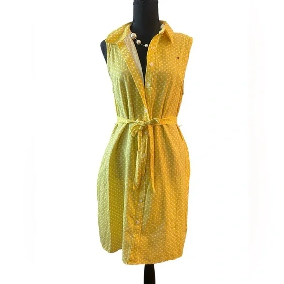 Tommy Hilfiger Yellow Polka Dot Sundress Size12 Button Front Belt Pockets Summer - Picture 2 of 9